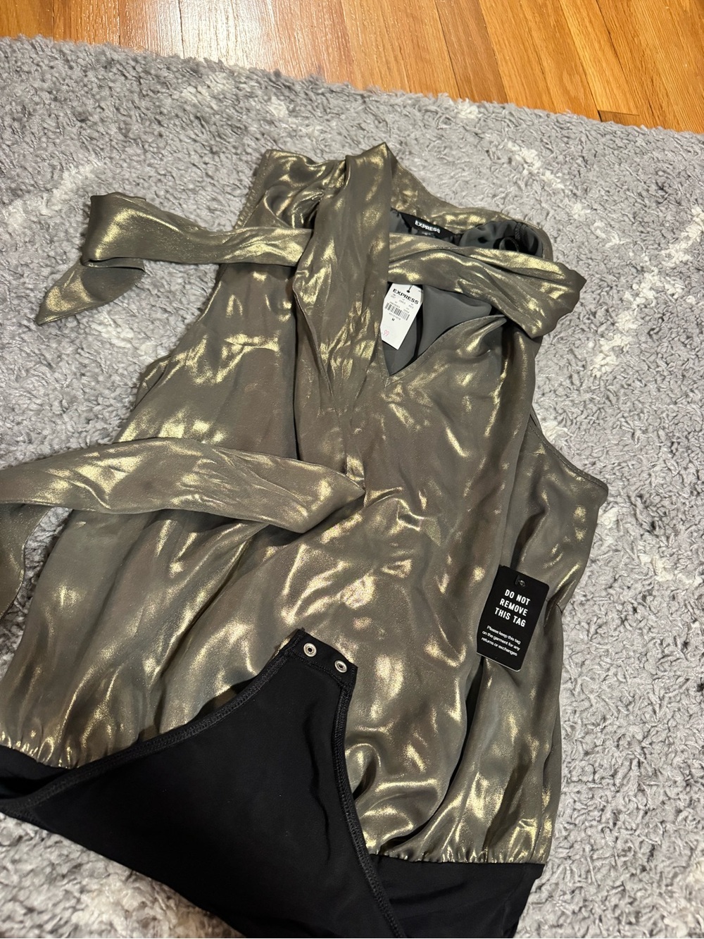 Express Metallic Olive/Gold Tie-Neck Sleeveless Bodysuit